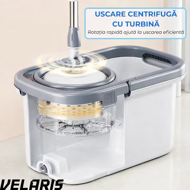 Set Mop Rotativ, Galeata, Dubla Actiune, Capat Microfibra, Sistem Stoarcere, Inaltime Ajustabila, Alb/Gri