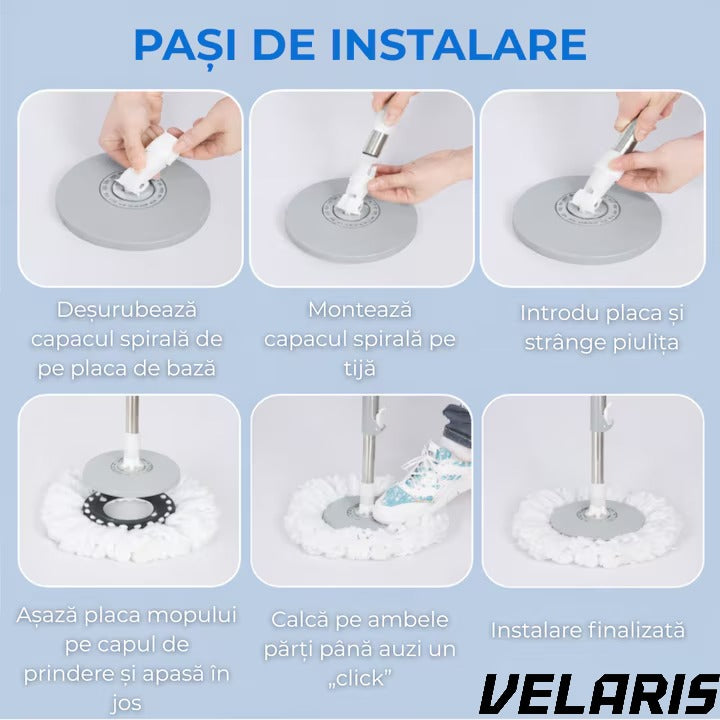 Set Mop Rotativ, Galeata, Dubla Actiune, Capat Microfibra, Sistem Stoarcere, Inaltime Ajustabila, Alb/Gri