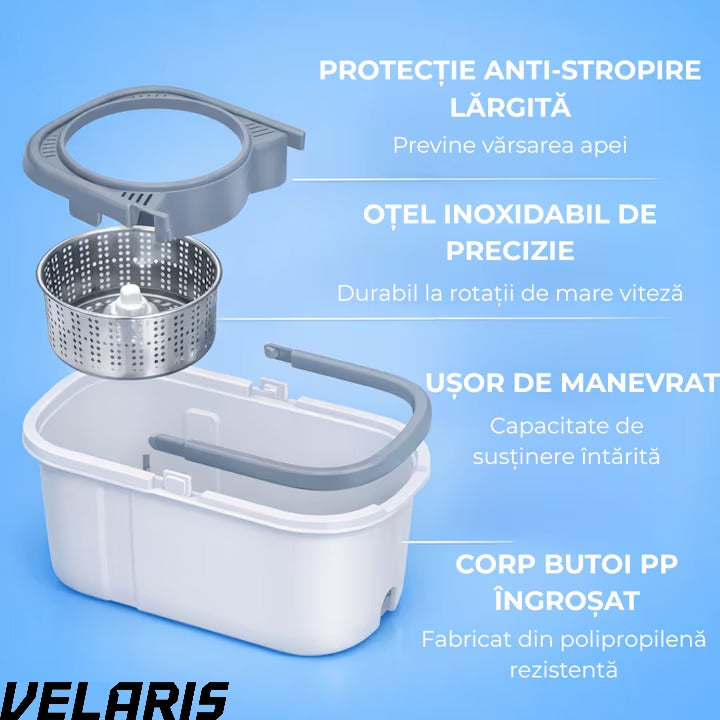 Set Mop Rotativ, Galeata, Dubla Actiune, Capat Microfibra, Sistem Stoarcere, Inaltime Ajustabila, Alb/Gri