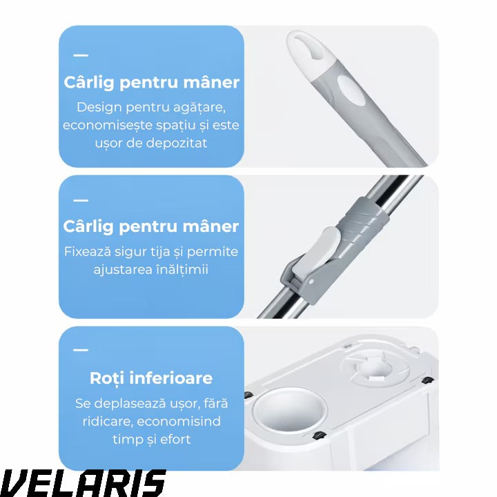 Set Mop Rotativ, Galeata, Dubla Actiune, Capat Microfibra, Sistem Stoarcere, Inaltime Ajustabila, Alb/Gri