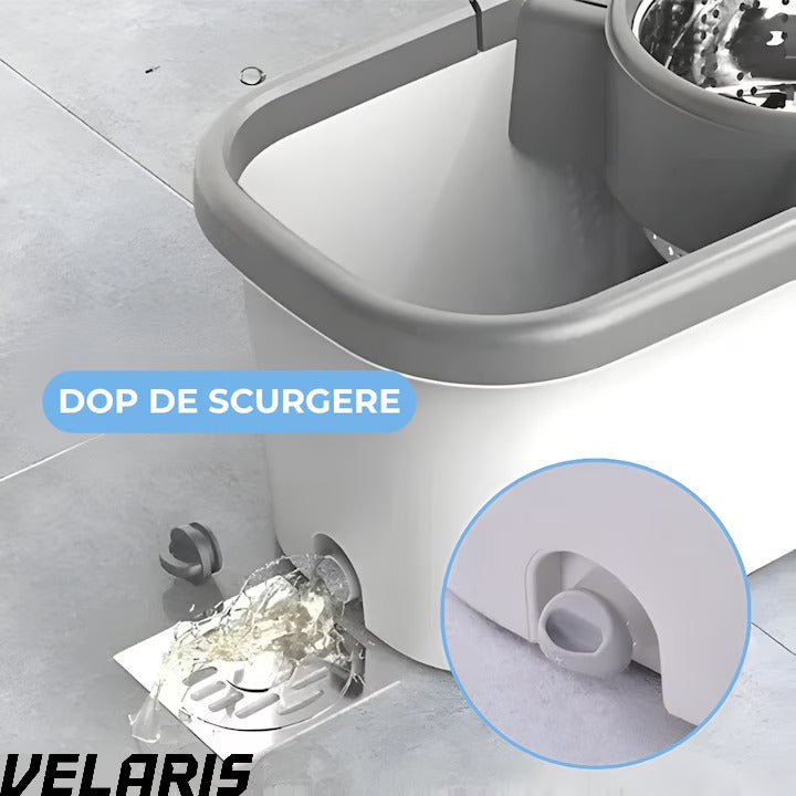 Set Mop Rotativ, Galeata, Dubla Actiune, Capat Microfibra, Sistem Stoarcere, Inaltime Ajustabila, Alb/Gri