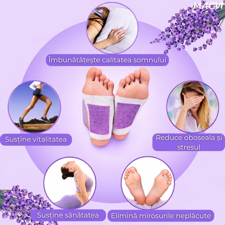 Set 10 plasturi detoxifianti pentru picioare cu lavanda, detoxifiere naturala