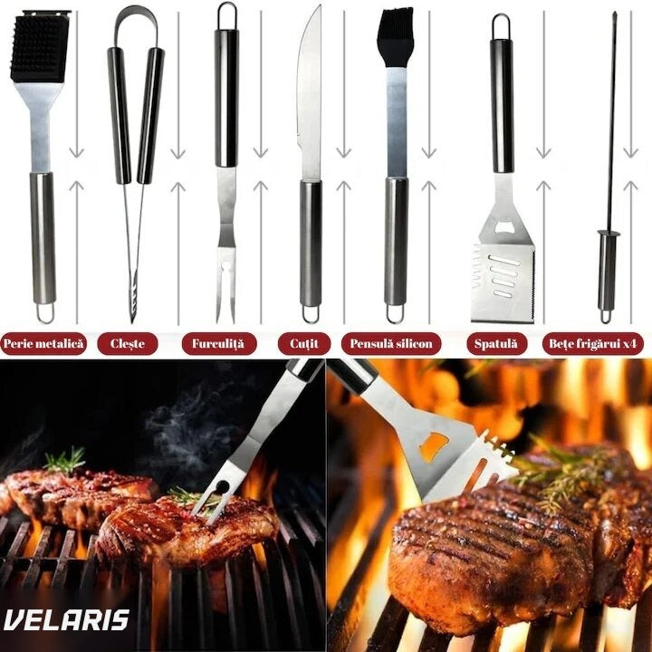 Set 10 ustensile grătar din inox premium, geantă de transport din aluminiu căptușit