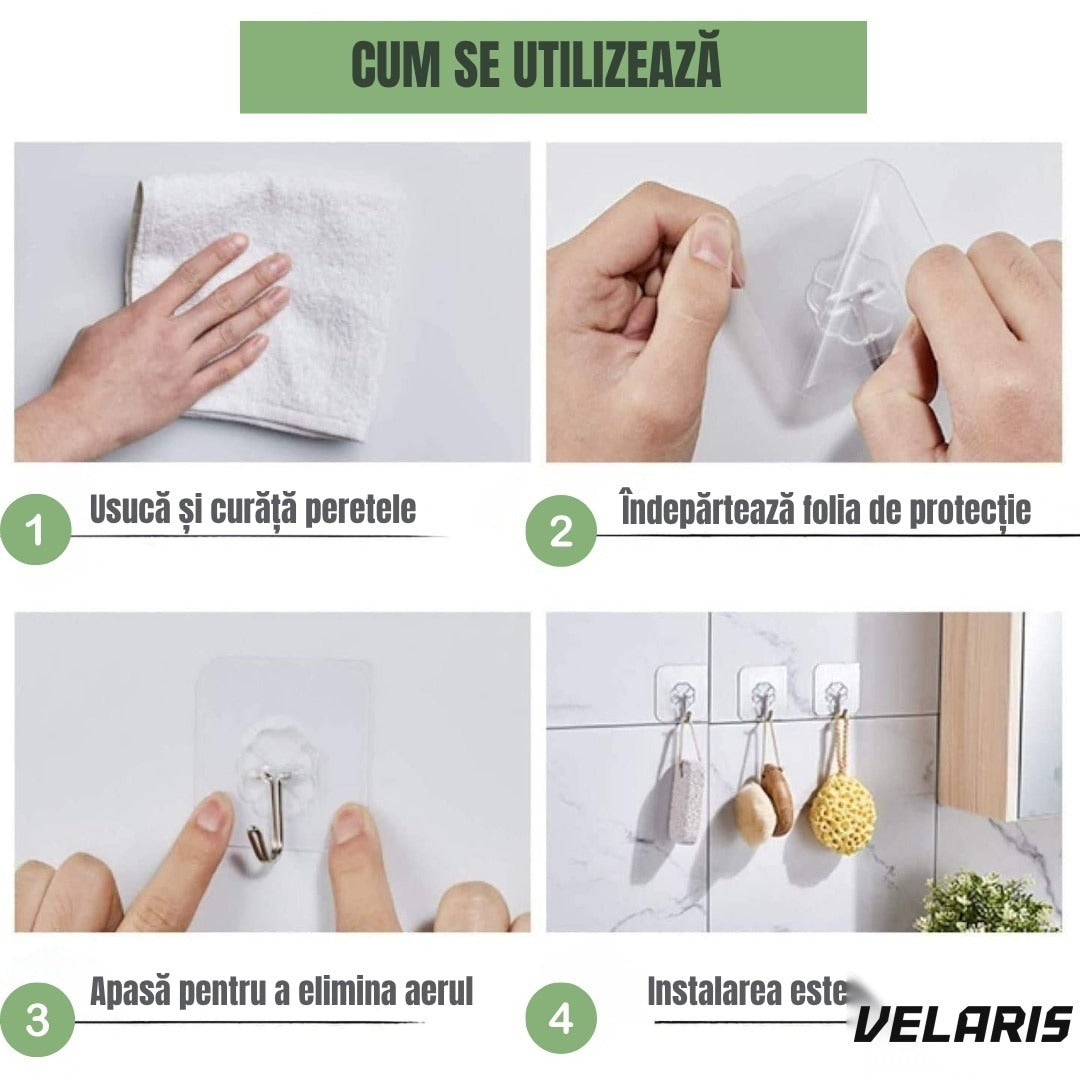Set 10 cârlige autoadezive transparente, impermeabile, ABS, rotire 180°, reutilizabile