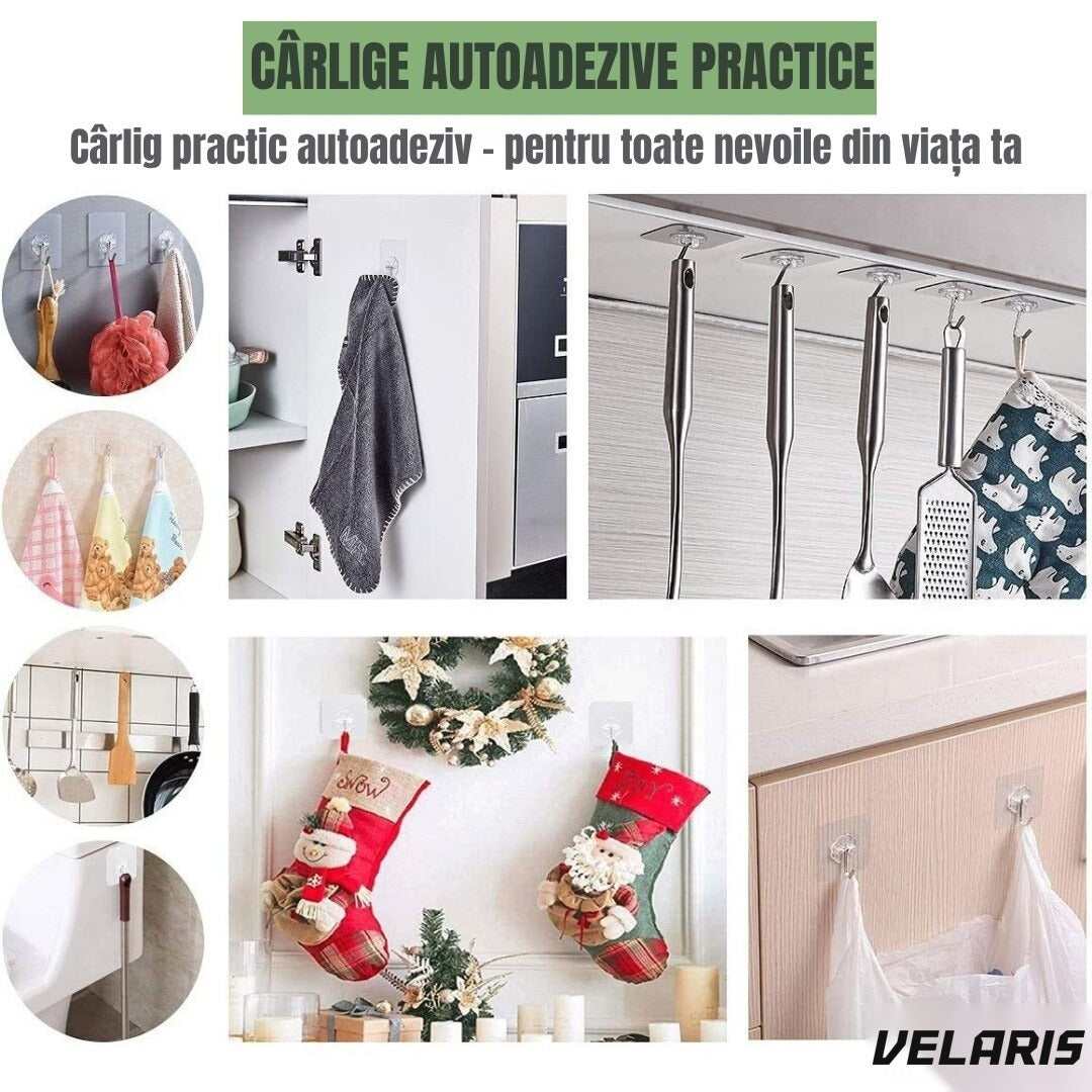 Set 10 cârlige autoadezive transparente, impermeabile, ABS, rotire 180°, reutilizabile