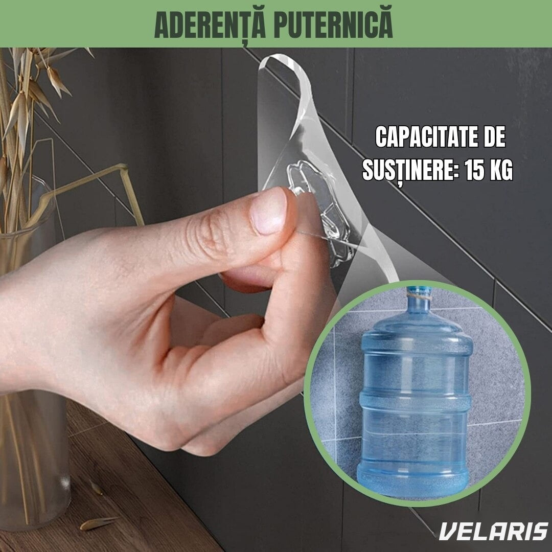 Set 10 cârlige autoadezive transparente, impermeabile, ABS, rotire 180°, reutilizabile