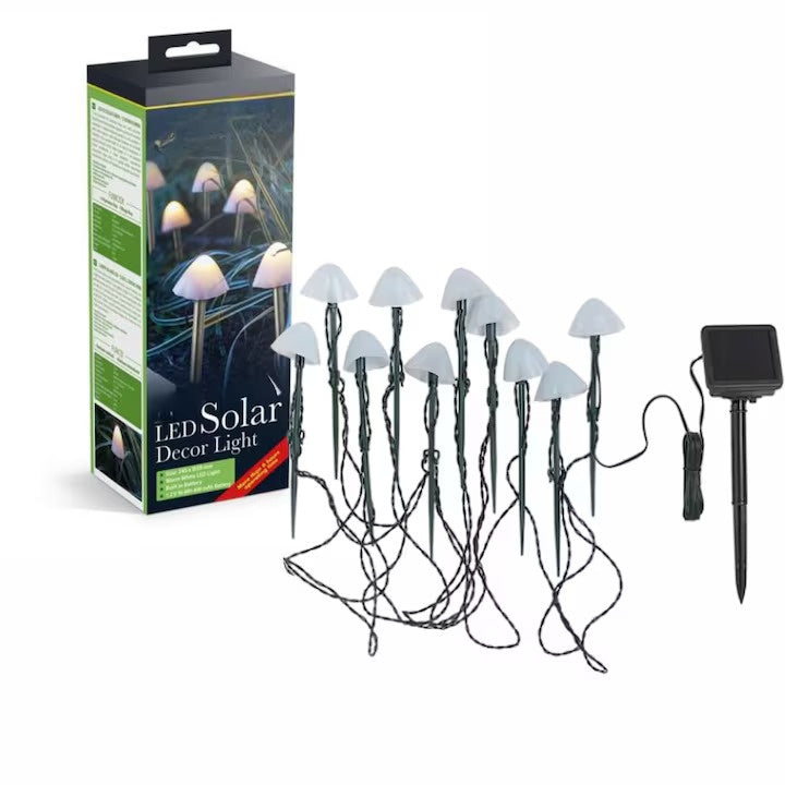 Set 10 lumini solare de grădină, LED alb cald, 5m, IP65, design ciupercă