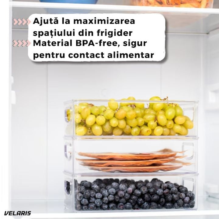 Set 12 organizatoare frigider, ABS transparent, 26×15 cm, cu mânere