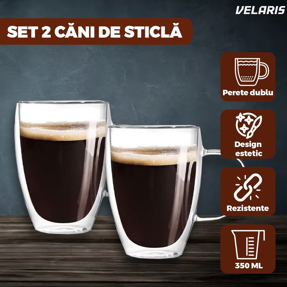 Set 2 cani sticlă cu pereți dubli, model rotund, 350 ml, rezistente la cald