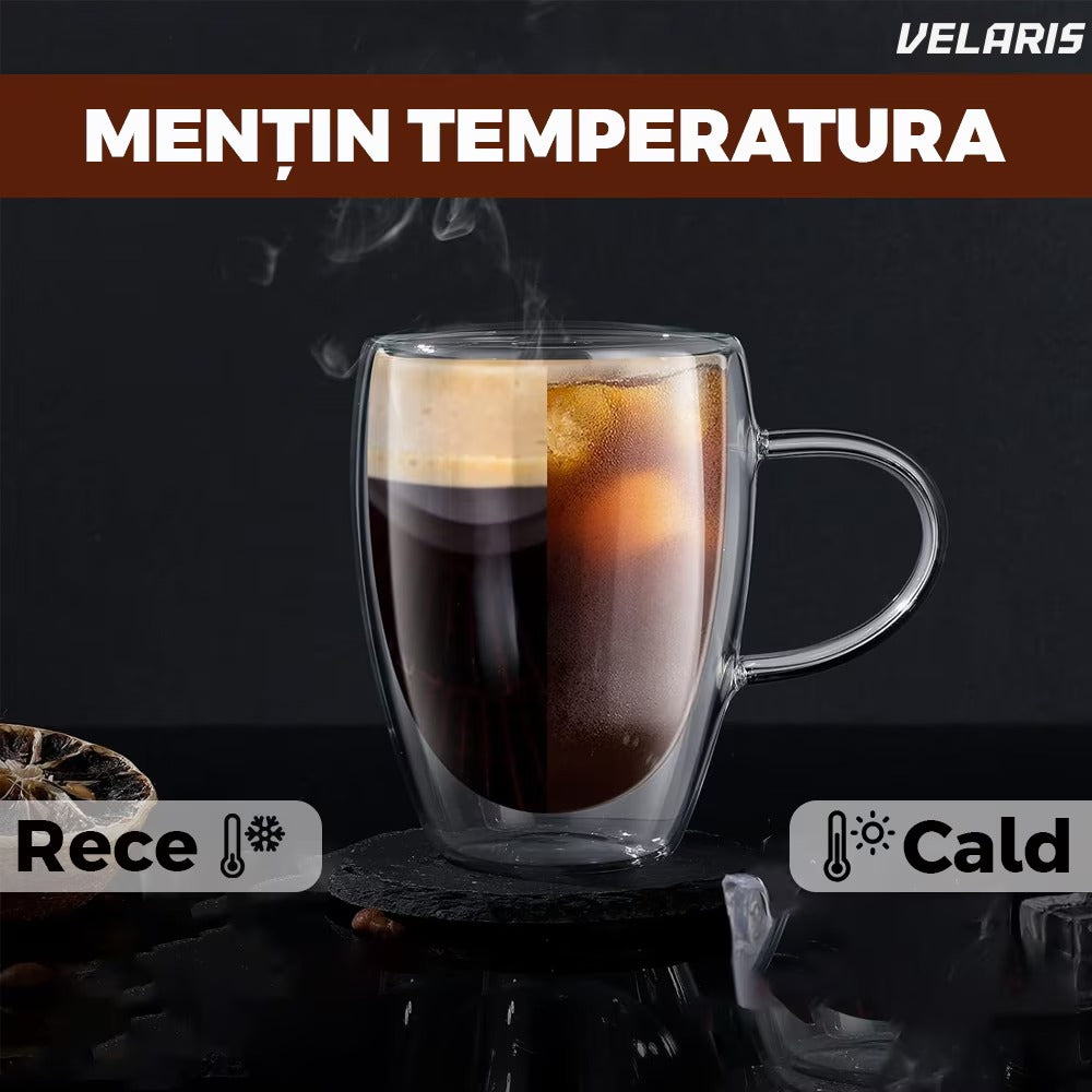 Set 2 cani sticlă cu pereți dubli, model rotund, 350 ml, rezistente la cald
