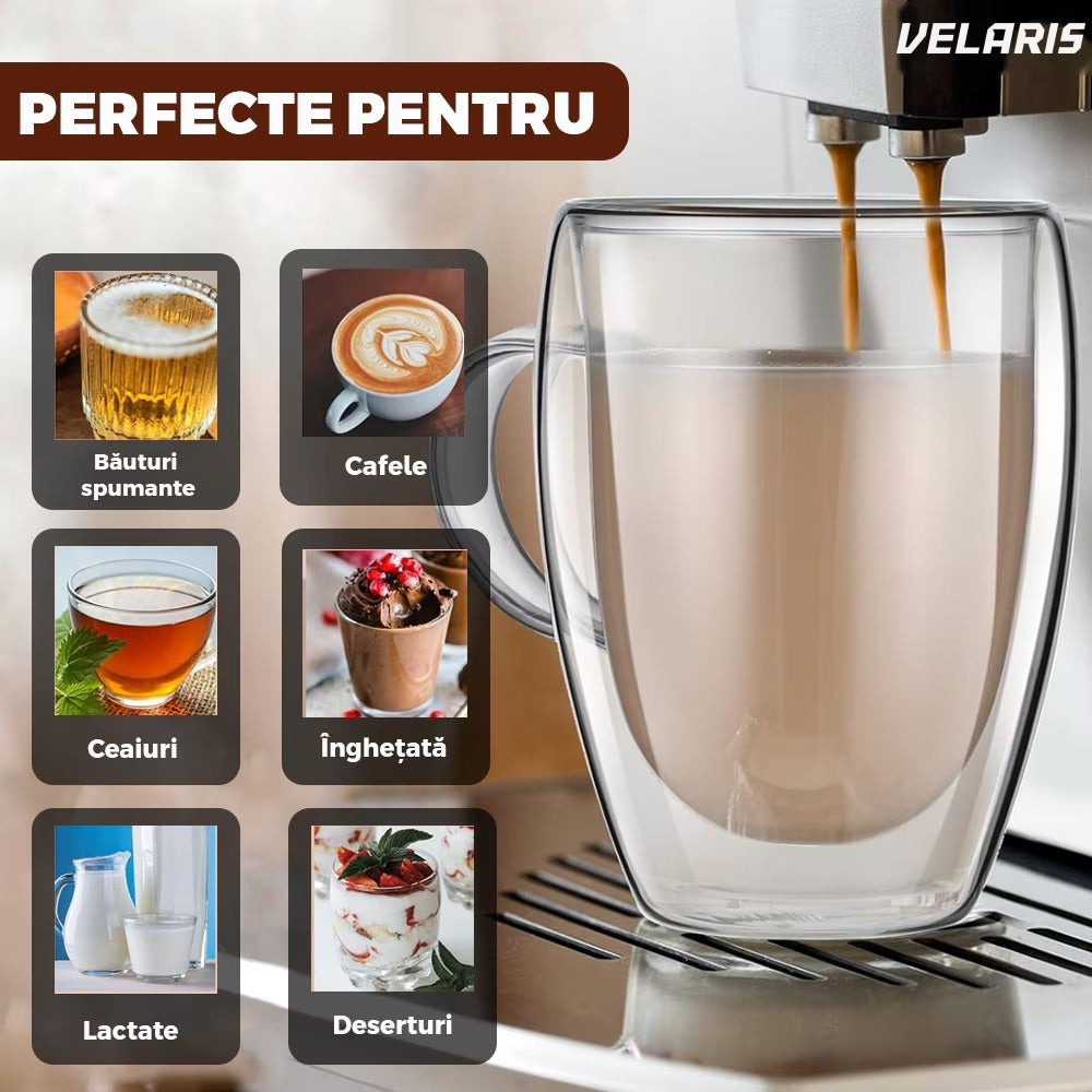 Set 2 cani sticlă cu pereți dubli, model rotund, 350 ml, rezistente la cald