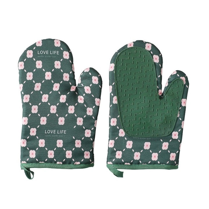 Set 2 mănuși cuptor/grătar, rezistență până la 350°C, umplutură lână, verde