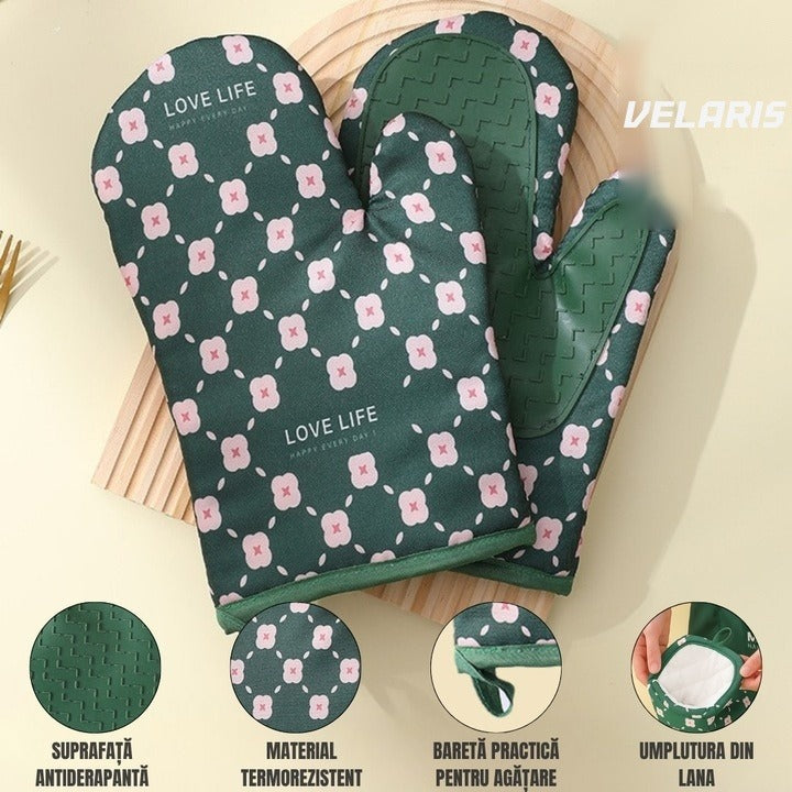 Set 2 mănuși cuptor/grătar, rezistență până la 350°C, umplutură lână, verde