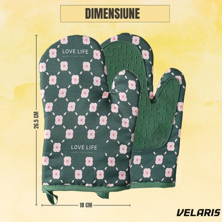 Set 2 mănuși cuptor/grătar, rezistență până la 350°C, umplutură lână, verde