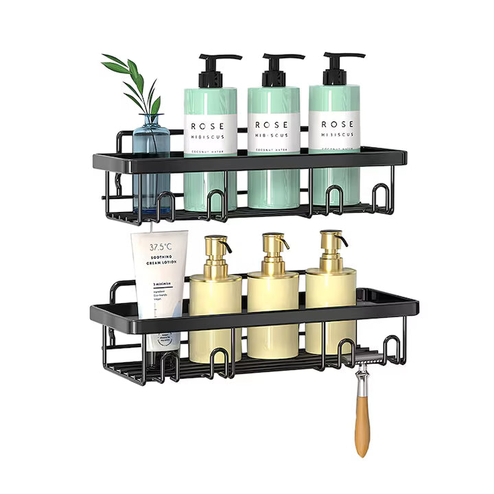Set 2 rafturi baie, oțel inoxidabil, prindere adezivă, cârlige integrate, negru