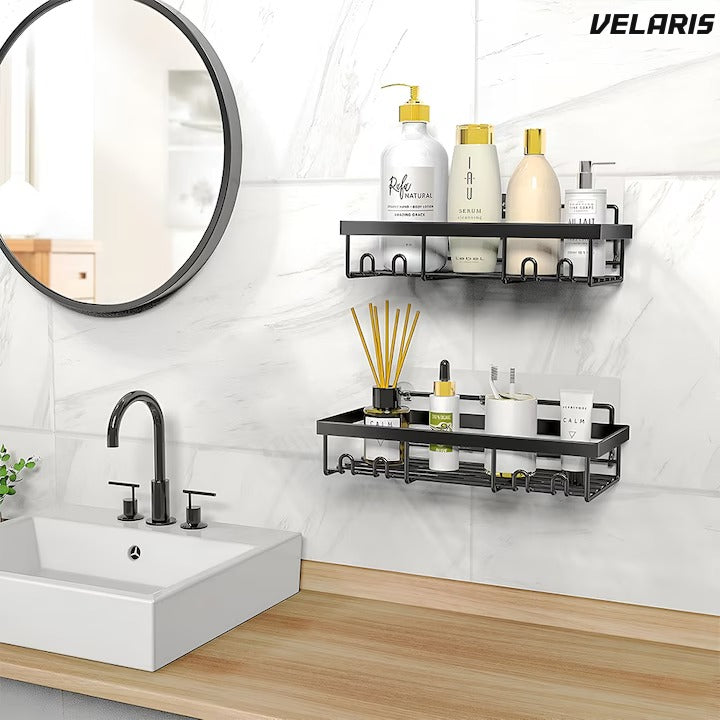 Set 2 rafturi baie, oțel inoxidabil, prindere adezivă, cârlige integrate, negru