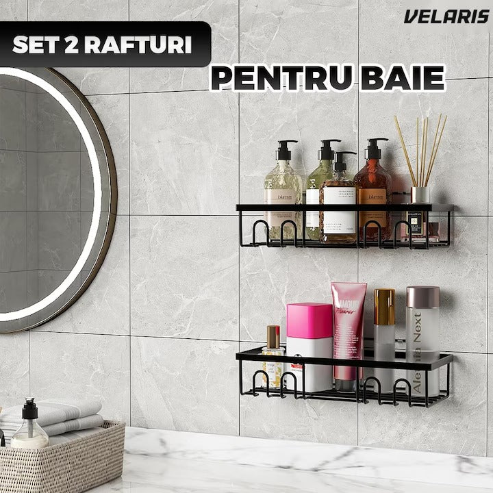 Set 2 rafturi baie, oțel inoxidabil, prindere adezivă, cârlige integrate, negru