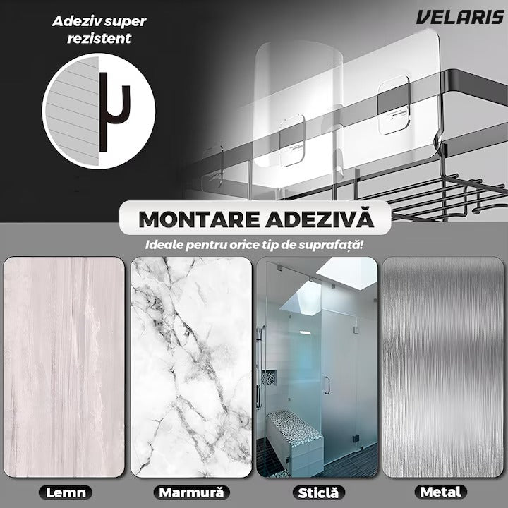 Set 2 rafturi baie, oțel inoxidabil, prindere adezivă, cârlige integrate, negru