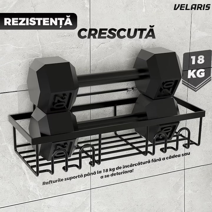 Set 2 rafturi baie, oțel inoxidabil, prindere adezivă, cârlige integrate, negru