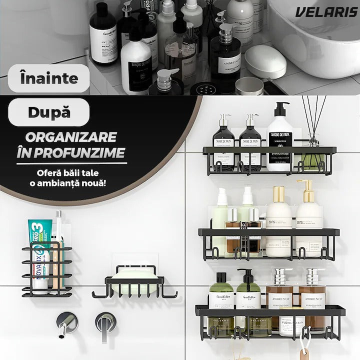 Set 2 rafturi baie, oțel inoxidabil, prindere adezivă, cârlige integrate, negru
