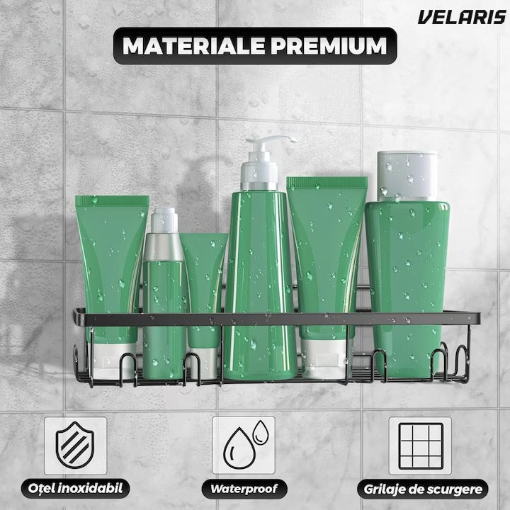 Set 2 rafturi baie, oțel inoxidabil, prindere adezivă, cârlige integrate, negru
