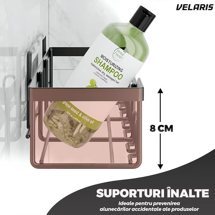 Set 2 rafturi baie, oțel inoxidabil, prindere adezivă, cârlige integrate, negru