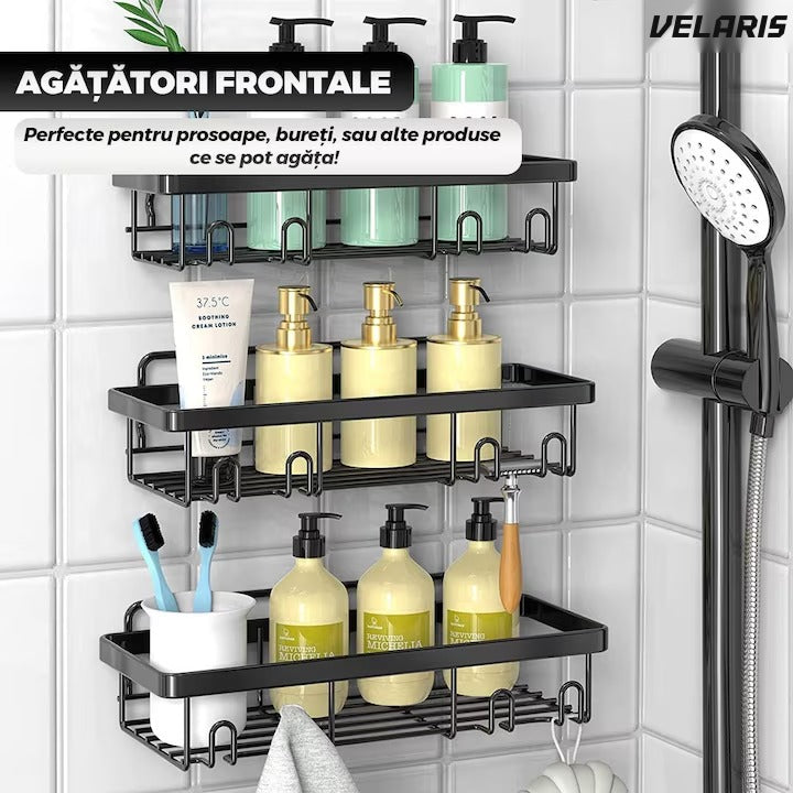 Set 2 rafturi baie, oțel inoxidabil, prindere adezivă, cârlige integrate, negru