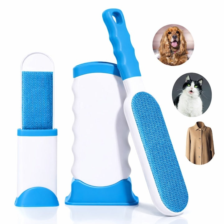 Set 2 perii pentru păr de animale cu sistem de autocurățare, compacte, alb/albastru