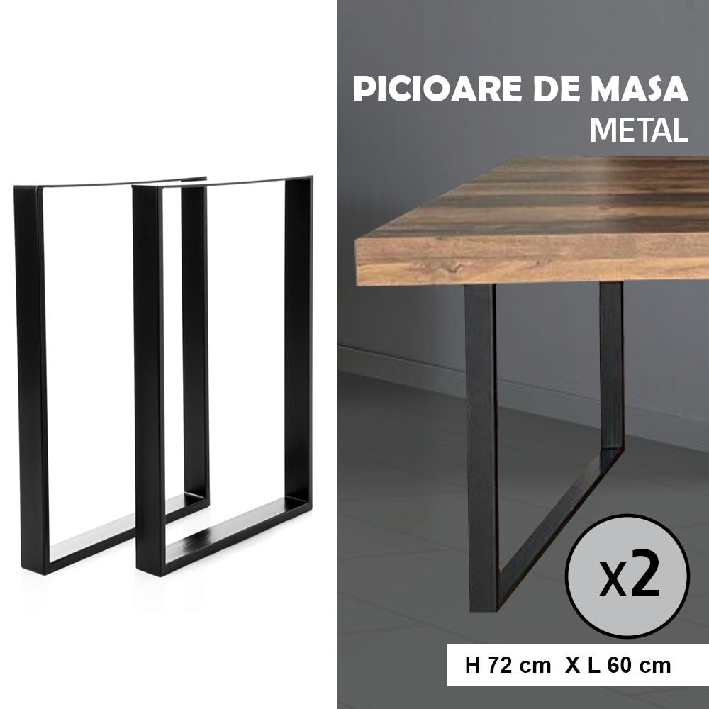 Set 2 picioare de masă, profil plat 80 mm, metal negru, 72x60x8 cm, design industrial