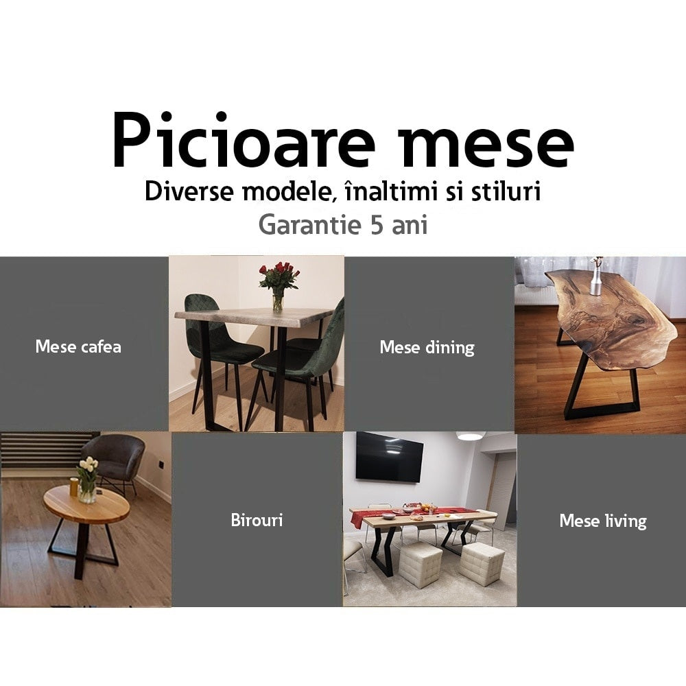 Set 2 picioare de masă, profil plat 80 mm, metal negru, 72x60x8 cm, design industrial
