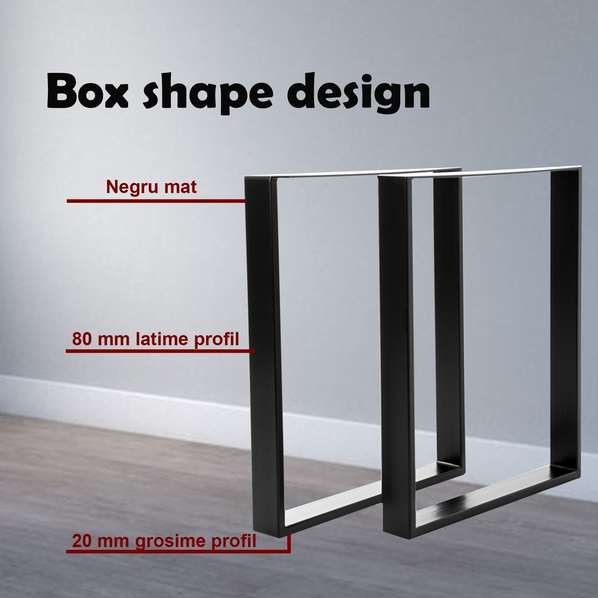 Set 2 picioare de masă, profil plat 80 mm, metal negru, 72x60x8 cm, design industrial