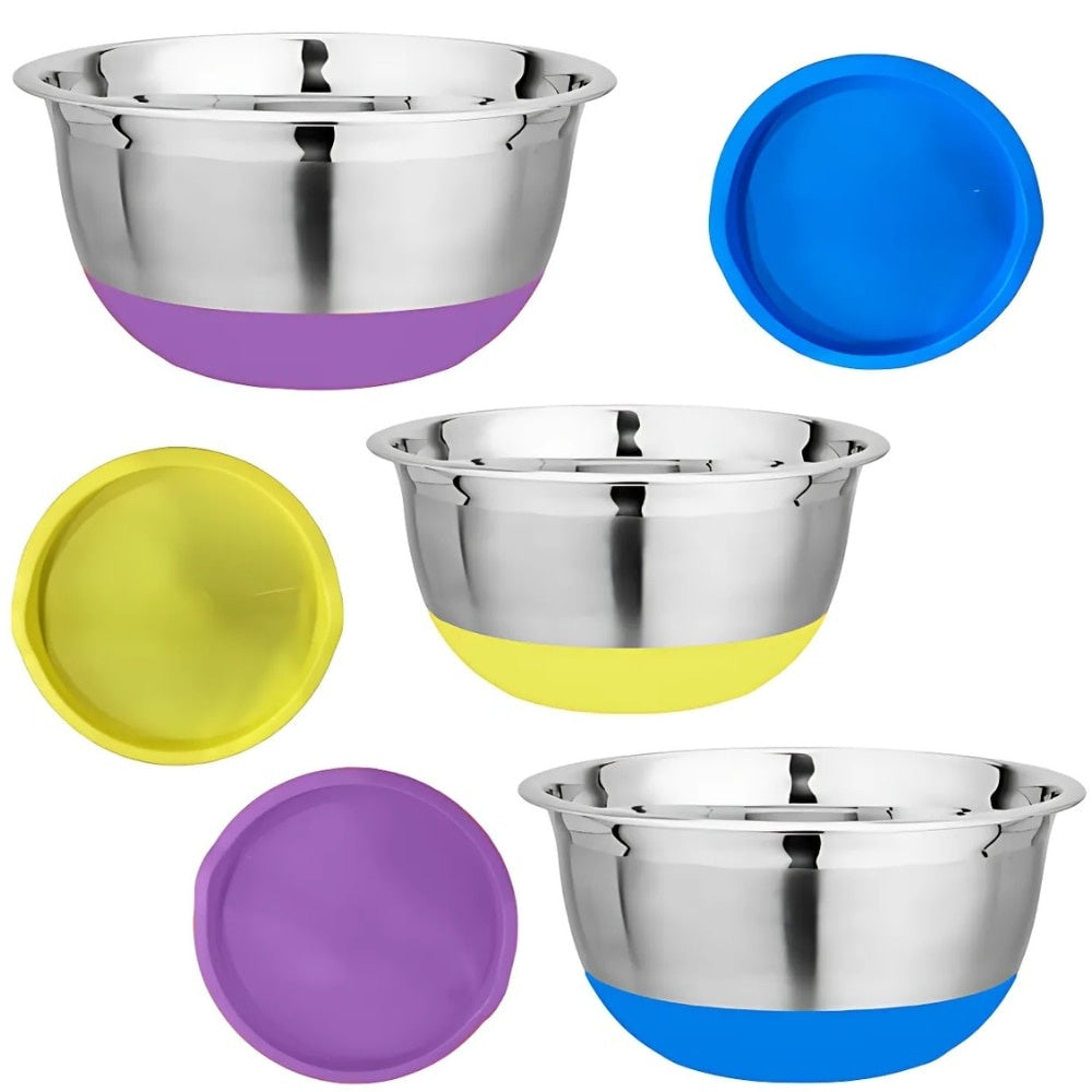 Set 3 boluri cu capace și bază antiderapantă, inox + plastic, diametre 20-22-24 cm, multicolor