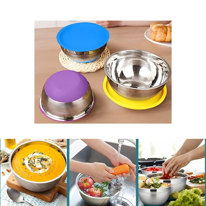 Set 3 boluri cu capace și bază antiderapantă, inox + plastic, diametre 20-22-24 cm, multicolor