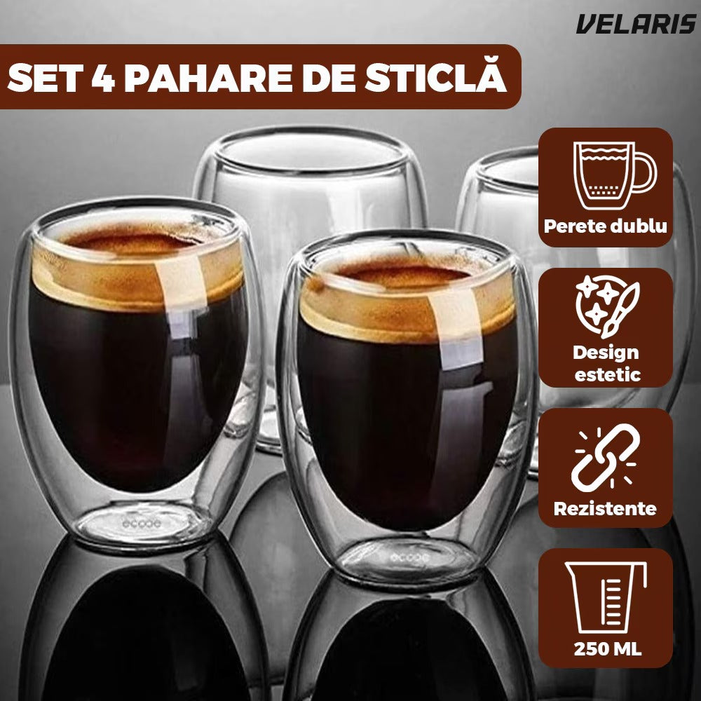 Set 4 cani sticlă termo-izolatoare, 250 ml, 9 x 8 cm
