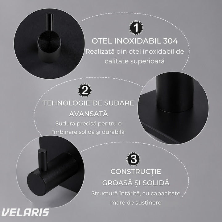 Set 4 cârlige perete oțel inoxidabil, fără găurire, negru, rezistent umiditate