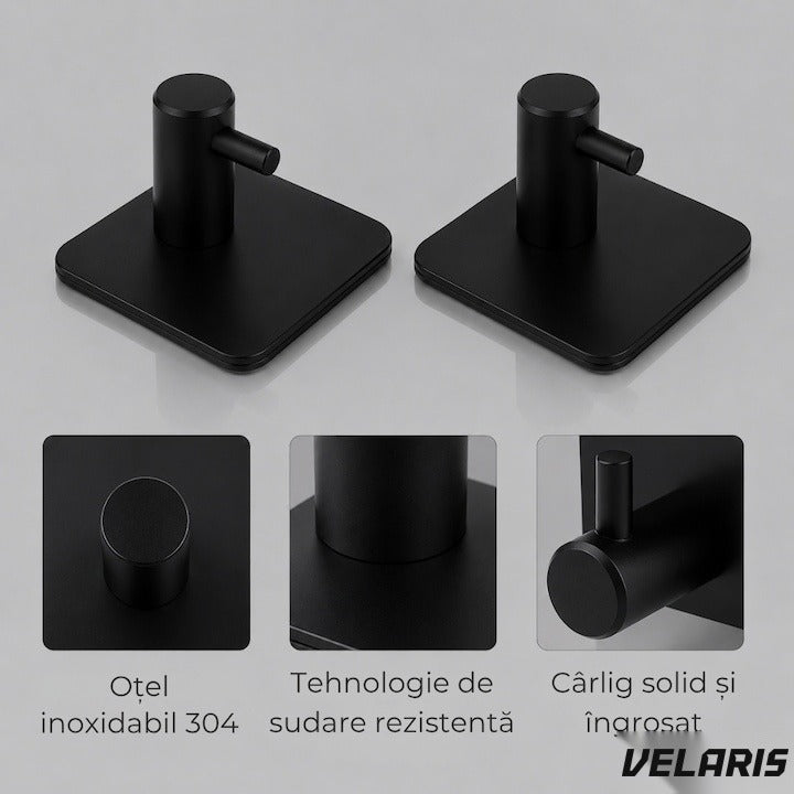 Set 4 cârlige perete oțel inoxidabil, fără găurire, negru, rezistent umiditate