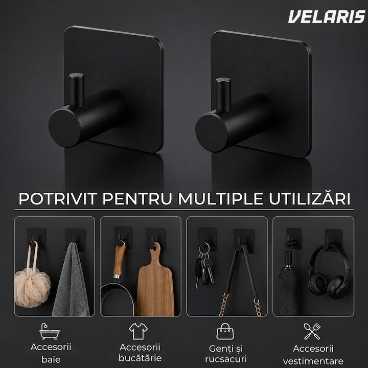 Set 4 cârlige perete oțel inoxidabil, fără găurire, negru, rezistent umiditate