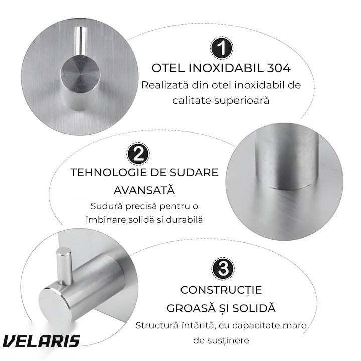 Set 4 cârlige perete oțel inoxidabil, fără găurire, argintiu-negru, rezistent umiditate