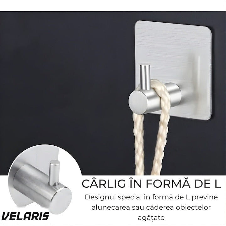 Set 4 cârlige perete oțel inoxidabil, fără găurire, argintiu-negru, rezistent umiditate
