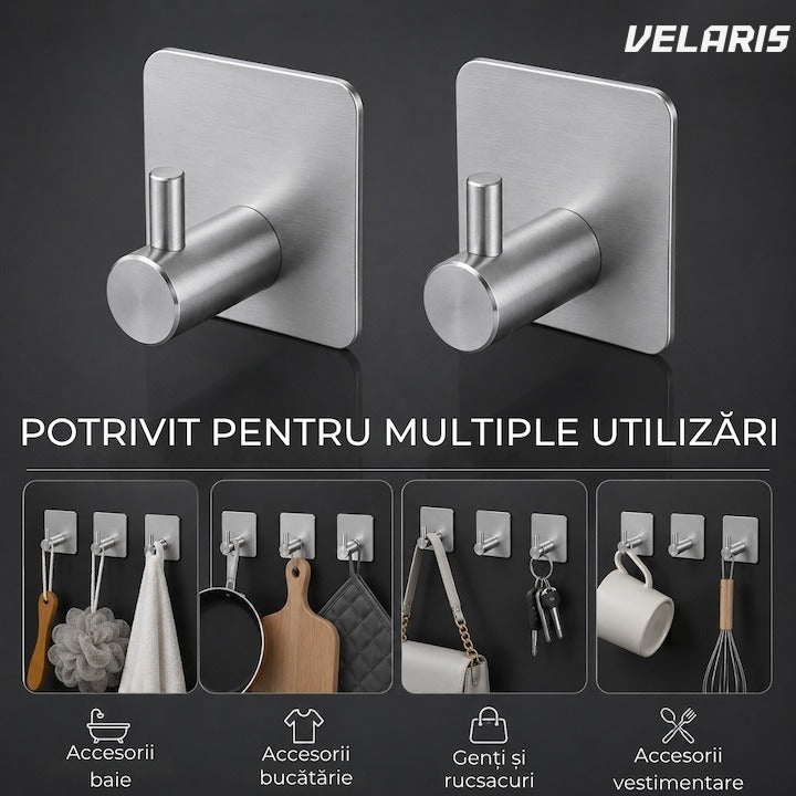 Set 4 cârlige perete oțel inoxidabil, fără găurire, argintiu-negru, rezistent umiditate