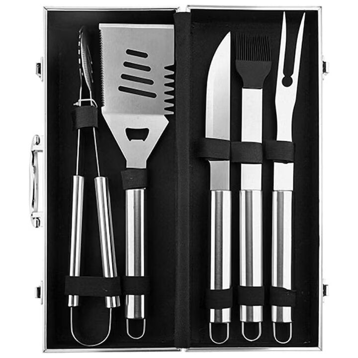 Set 5 ustensile grătar din oțel inoxidabil premium, geantă transport căptușită din aluminiu inclusă