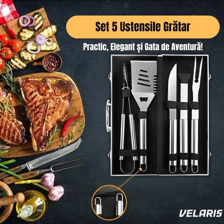 Set 5 ustensile grătar din oțel inoxidabil premium, geantă transport căptușită din aluminiu inclusă