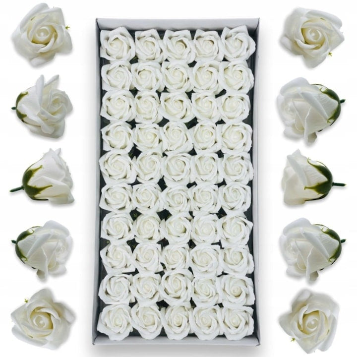 Set 50 trandafiri din săpun, 5x5 cm, calitate premium, decorațiune și cadou, alb