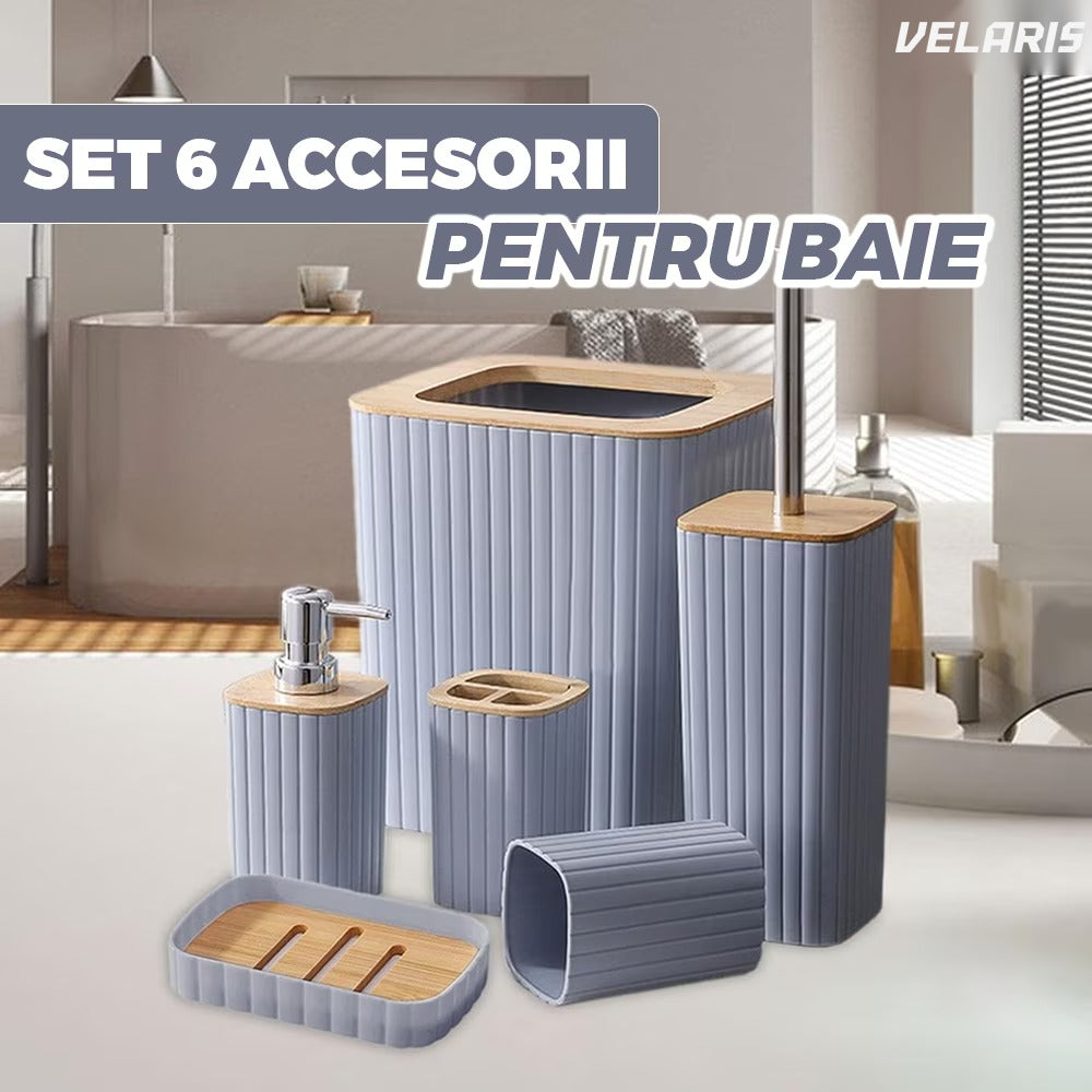Set accesorii baie, 6 piese, bambus, gri