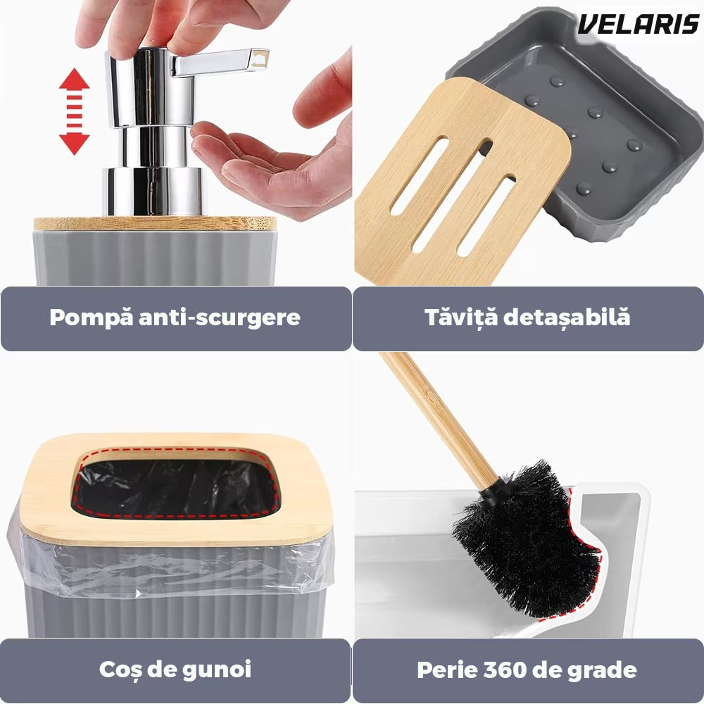 Set accesorii baie, 6 piese, bambus, gri
