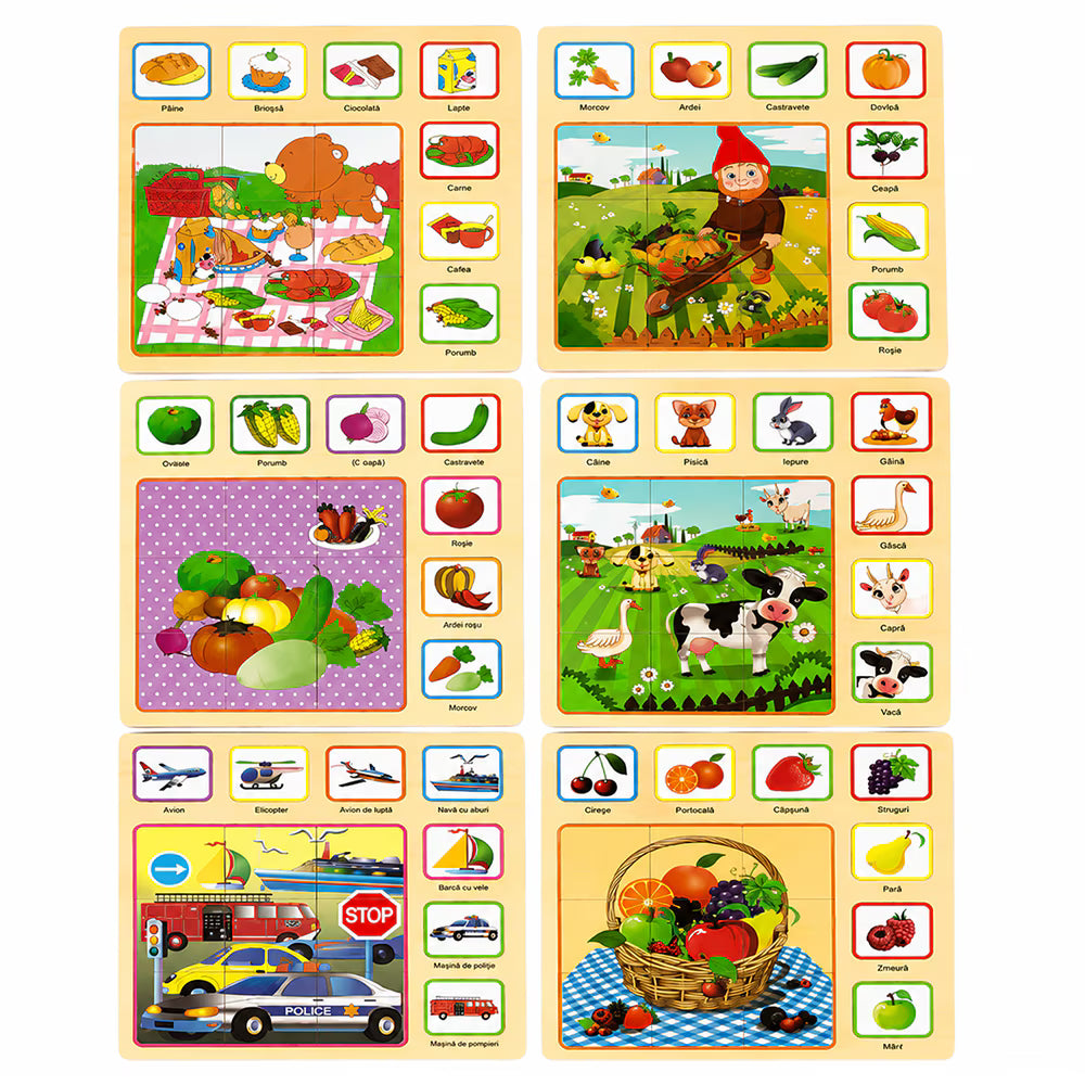 Set 6 tablete educative Montessori, puzzle lemn, dezvoltare cognitivă, multicolor