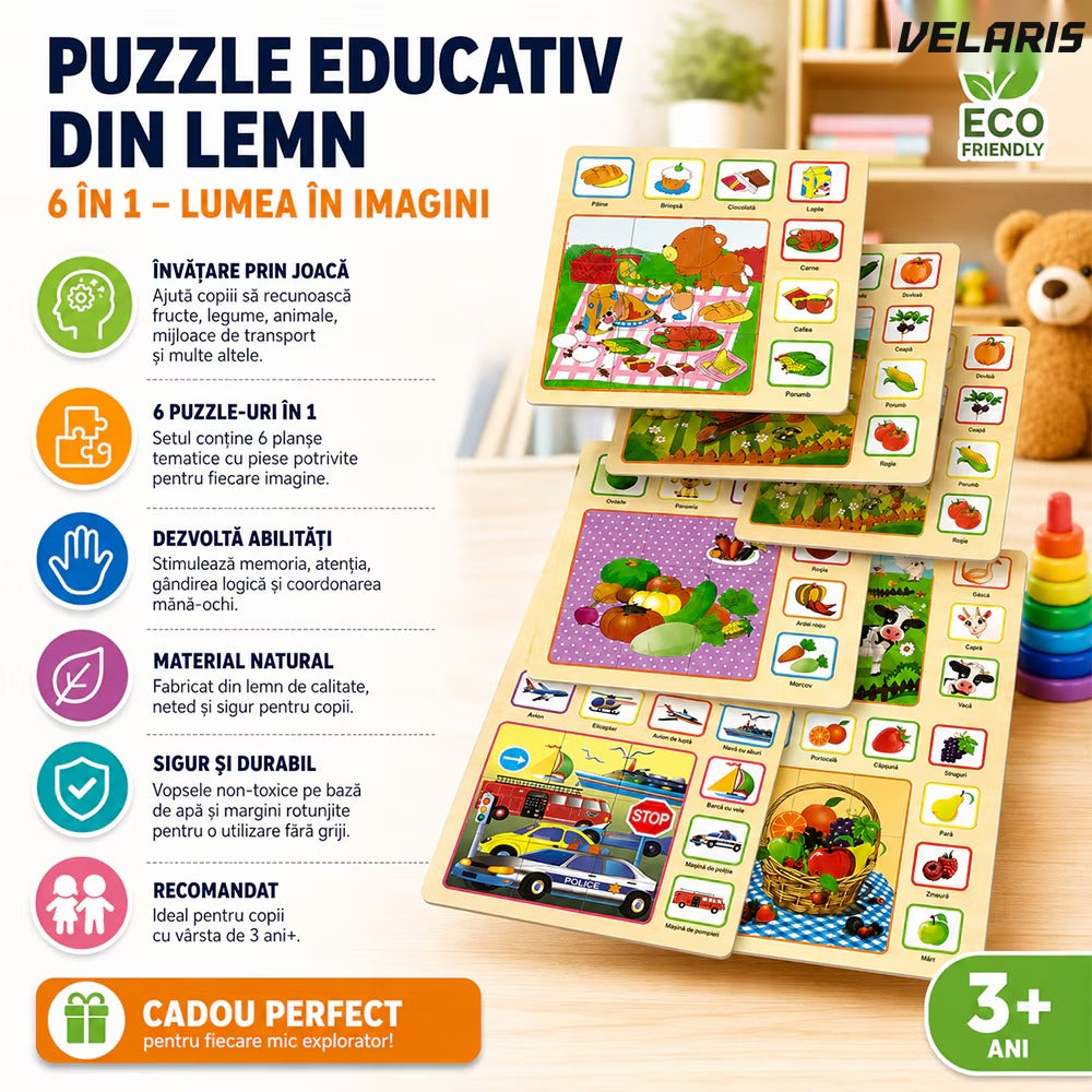 Set 6 tablete educative Montessori, puzzle lemn, dezvoltare cognitivă, multicolor