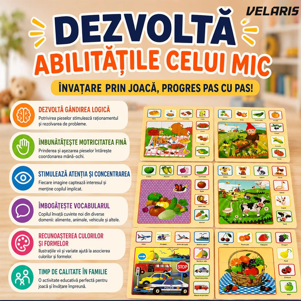 Set 6 tablete educative Montessori, puzzle lemn, dezvoltare cognitivă, multicolor
