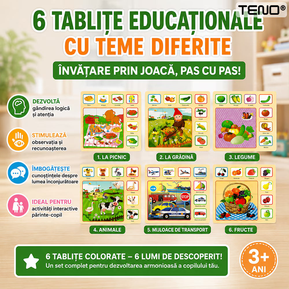 Set 6 tablete educative Montessori, puzzle lemn, dezvoltare cognitivă, multicolor