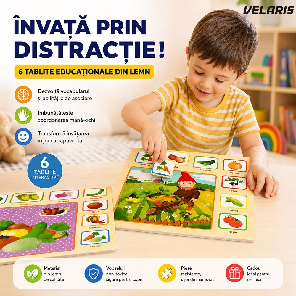 Set 6 tablete educative Montessori, puzzle lemn, dezvoltare cognitivă, multicolor